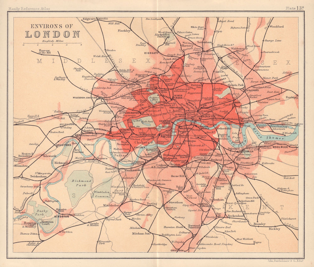 Greater London railways. BARTHOLOMEW 1898 old antique vintage map plan chart