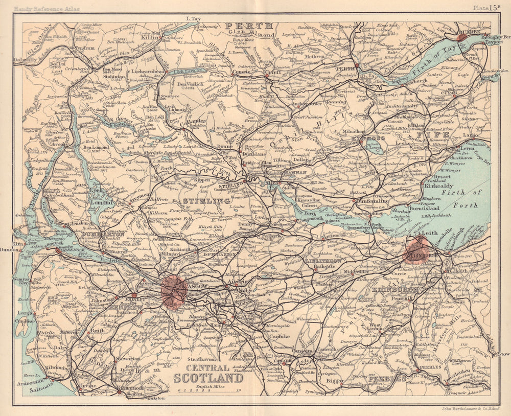 Central Scotland. Edinburgh. Glasgow. BARTHOLOMEW 1898 old antique map chart