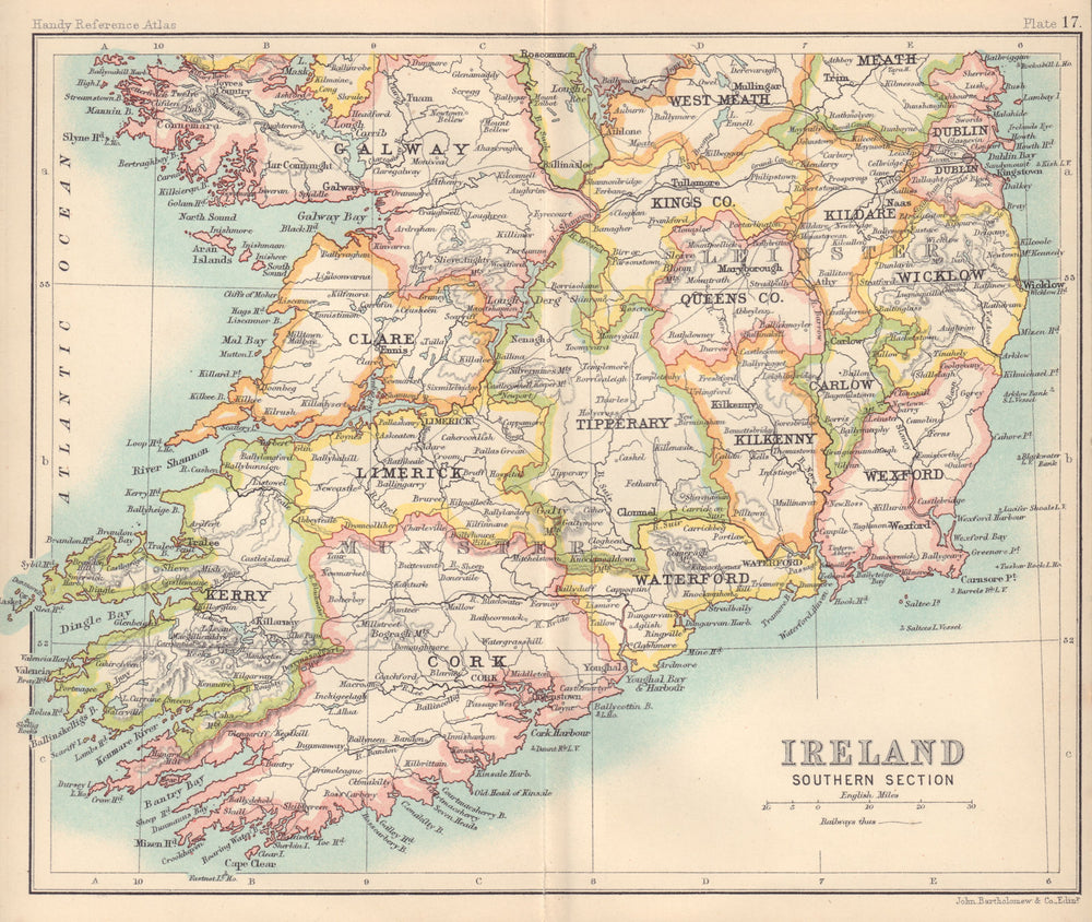 Ireland Southern Section. BARTHOLOMEW 1898 old antique vintage map plan chart