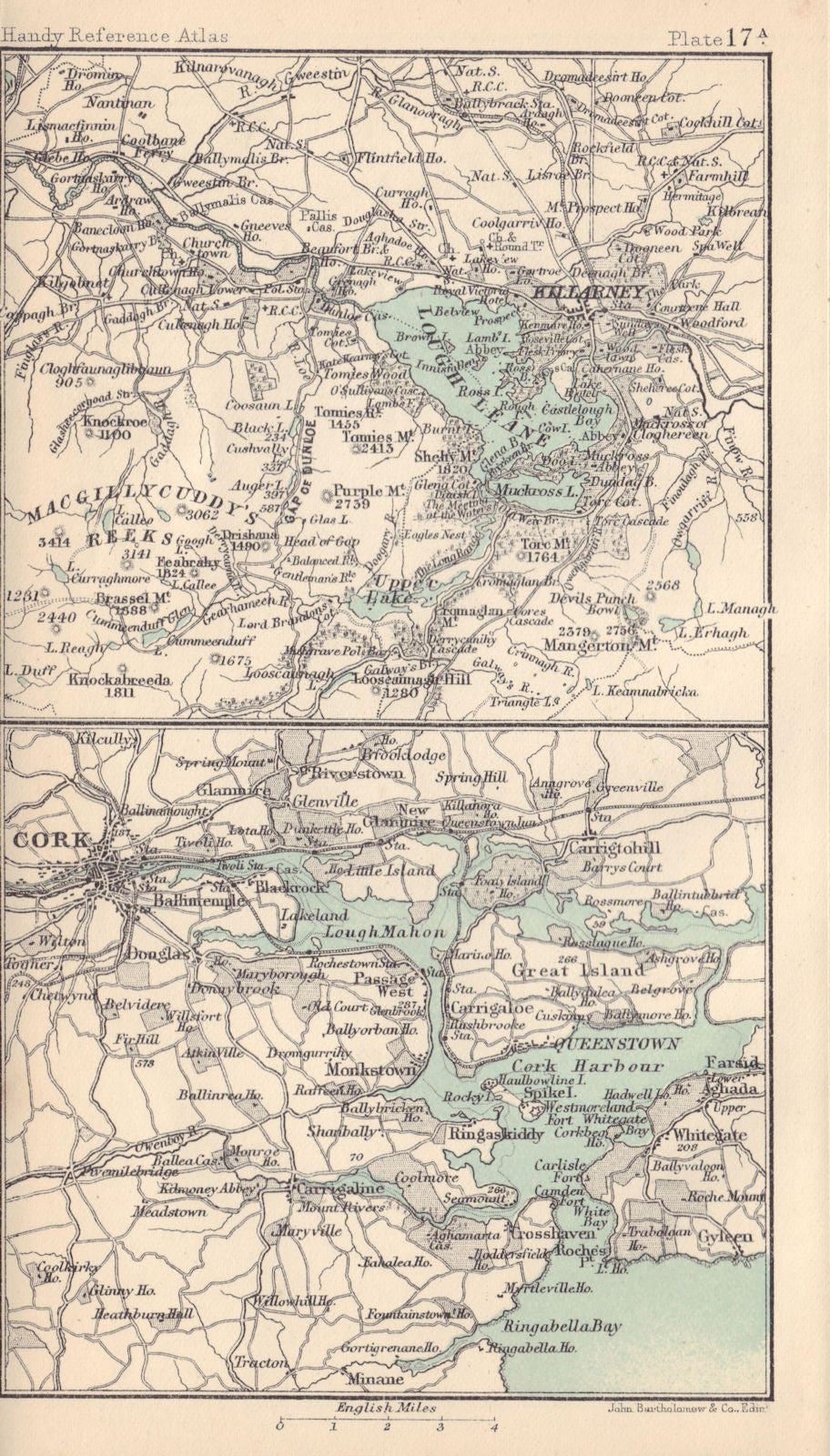 Lakes of Killarney & Cork harbour. Ireland. BARTHOLOMEW 1898 old antique map