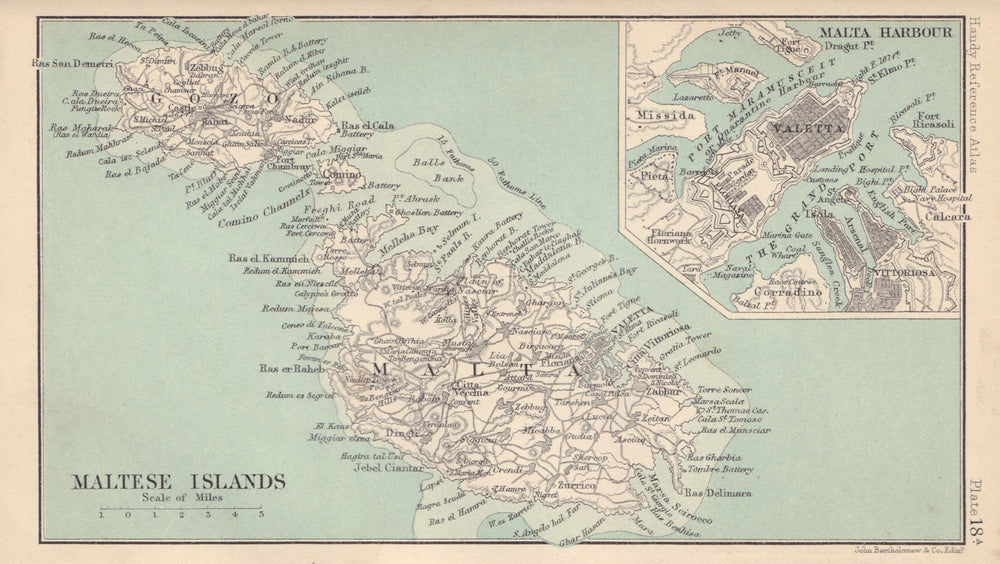 Maltese Islands. Valletta. Malta & Gozo. BARTHOLOMEW 1898 old antique map