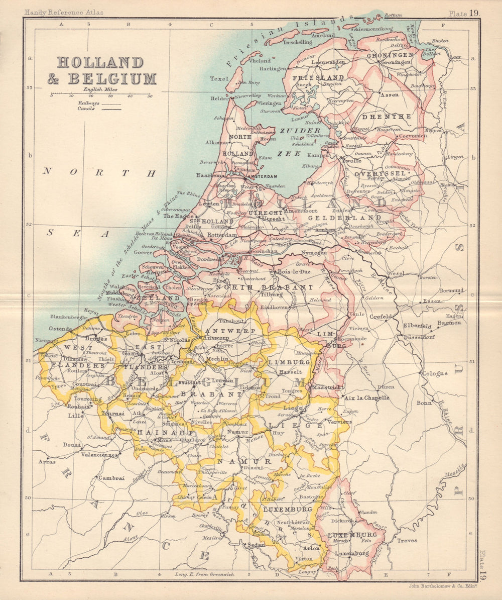 Holland and Belgium. Luxembourg. Benelux. BARTHOLOMEW 1898 old antique map