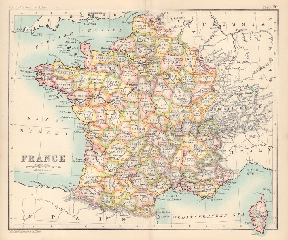France without Alsace & Lorraine. BARTHOLOMEW 1898 old antique map plan chart