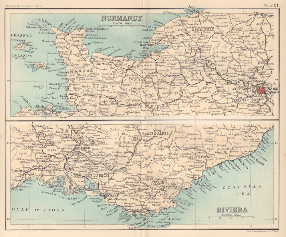 Normandy & the Riviera. Côte d'Azur. France. BARTHOLOMEW 1898 old antique map