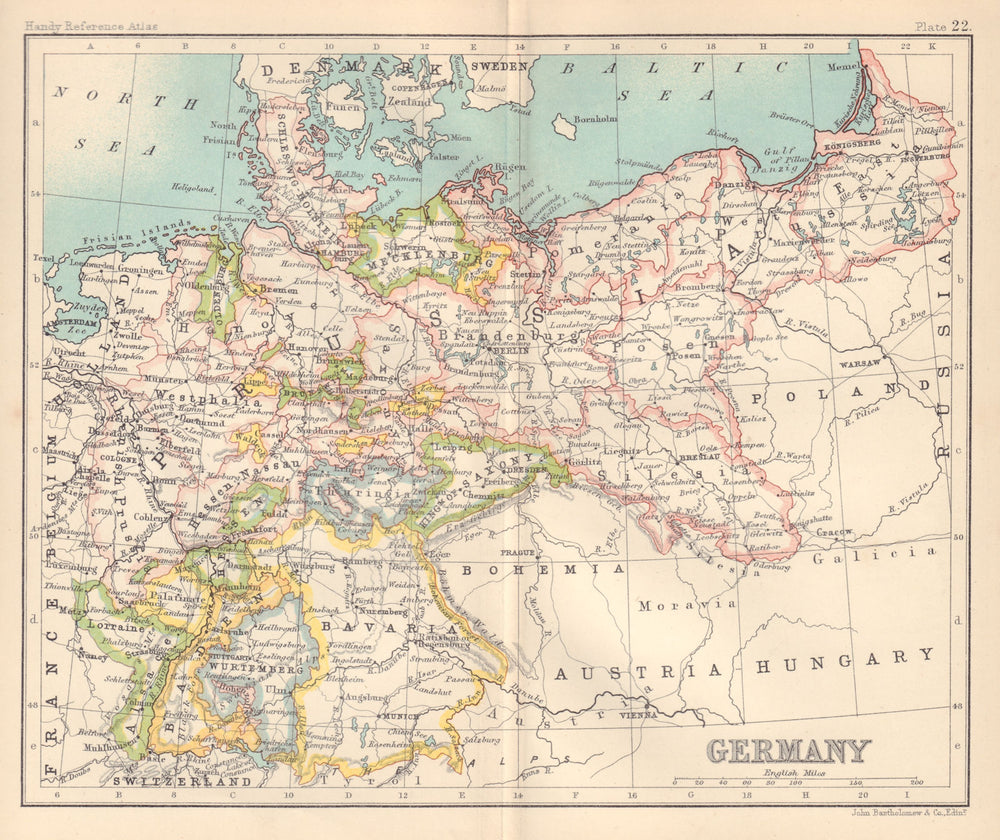 Germany showing states. BARTHOLOMEW 1898 old antique vintage map plan chart