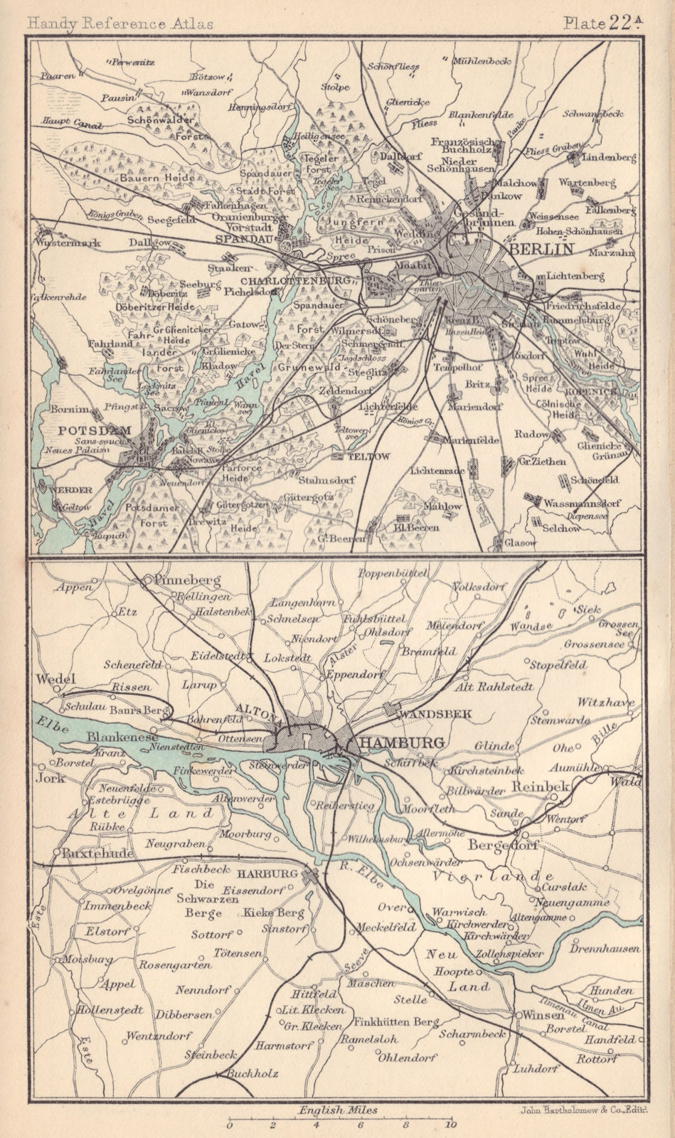 Environs of Berlin & Hamburg. Germany. BARTHOLOMEW 1898 old antique map chart