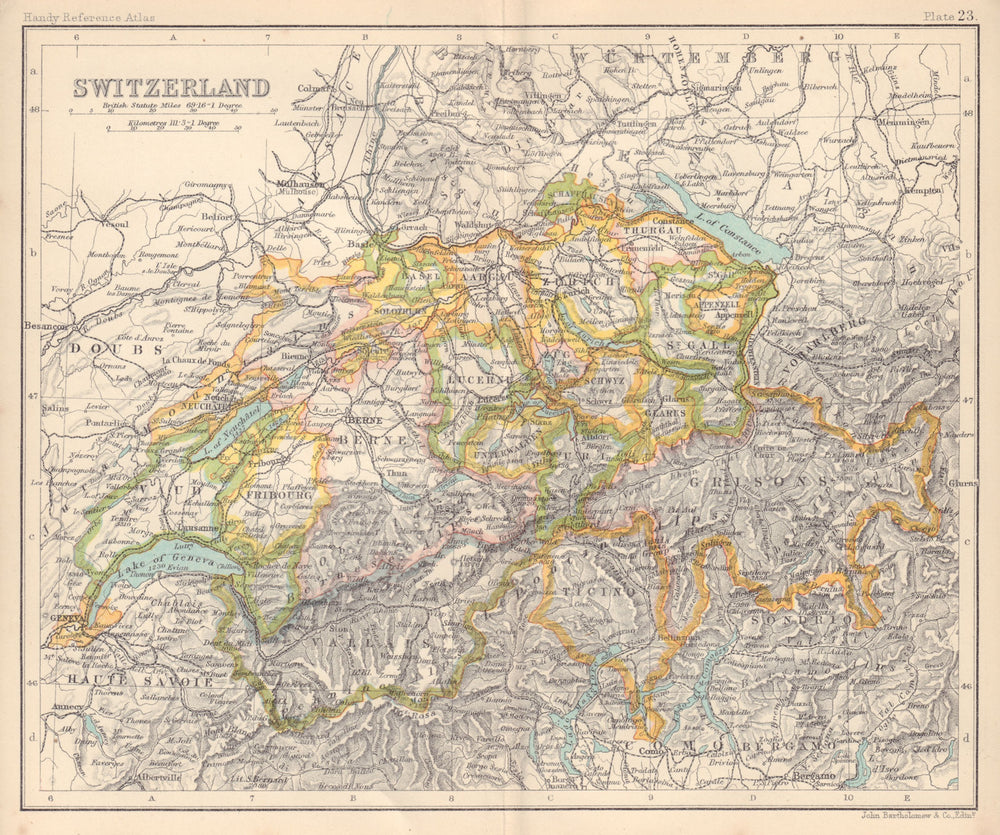 Switzerland showing cantons. BARTHOLOMEW 1898 old antique map plan chart