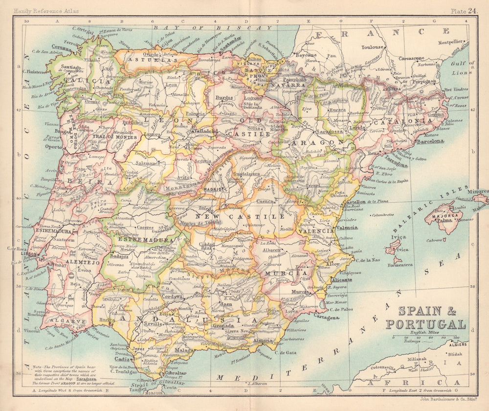 Spain and Portugal provinces. Iberia. BARTHOLOMEW 1898 old antique map chart