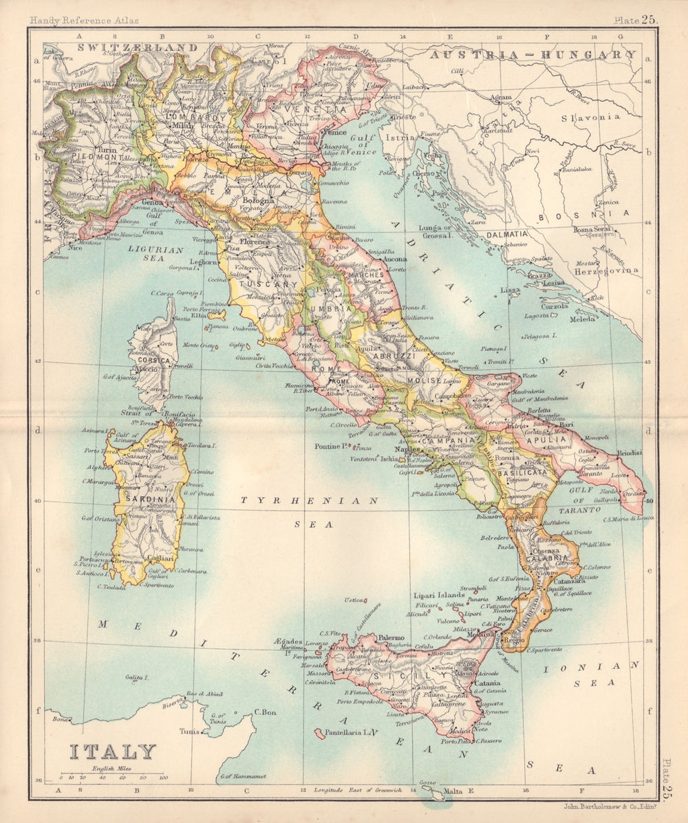 Italy in provinces. BARTHOLOMEW 1898 old antique vintage map plan chart