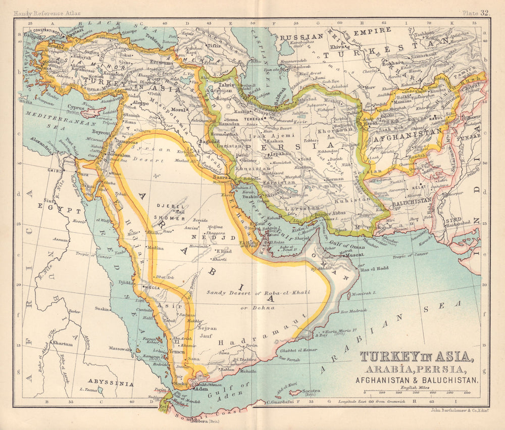 Middle East. Turkey in Asia Arabia Persia Afghanistan Sharjah 1898 old map
