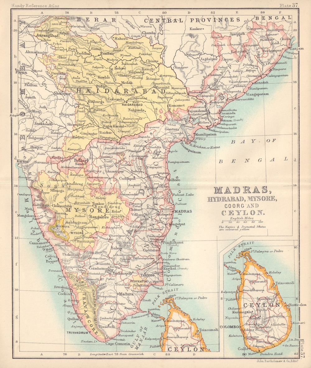 Southern British India. Madras, Haidarabad, Mysore, Coorg and Ceylon 1898 map