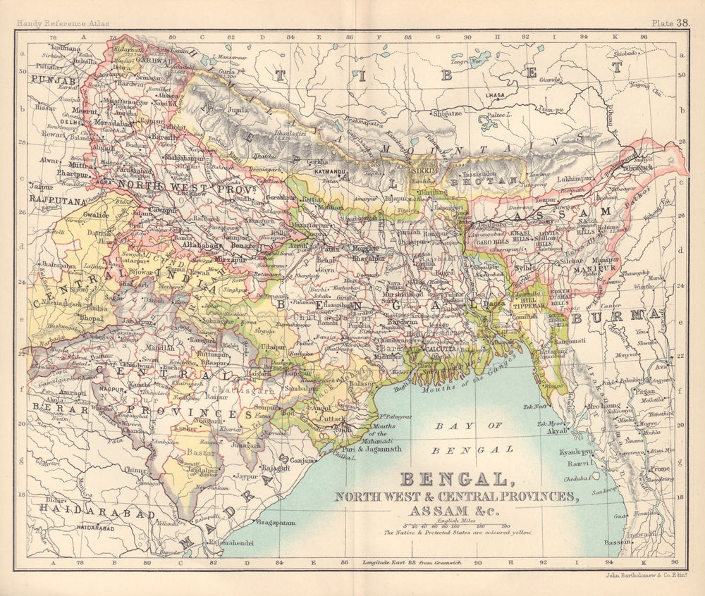 NE British India. Bengal, Central Provinces, Assam, &c. BARTHOLOMEW 1898 map