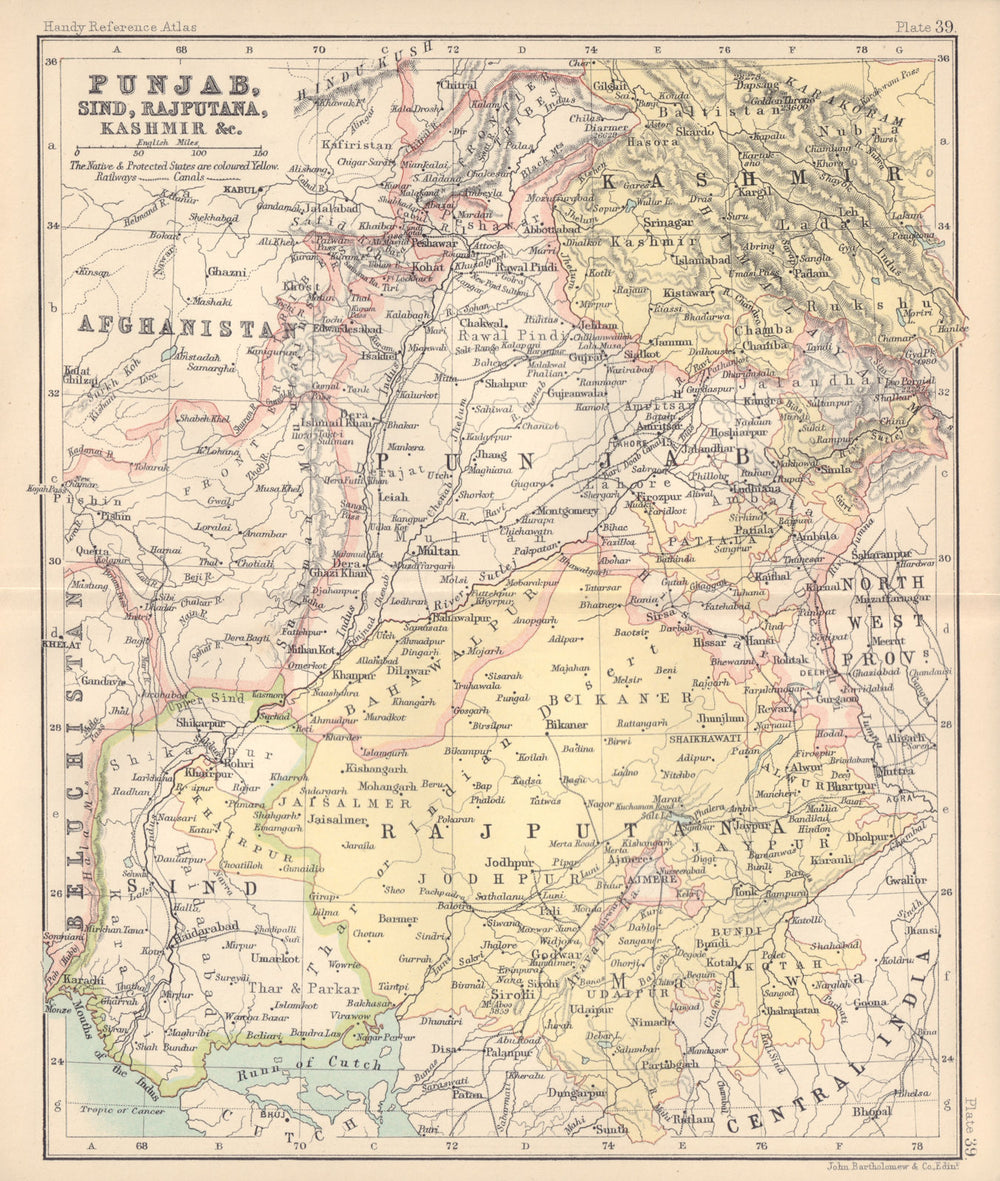 NW British India. Punjab, Sind, Rajputana, Kashmir, &c. Pakistan 1898 old map