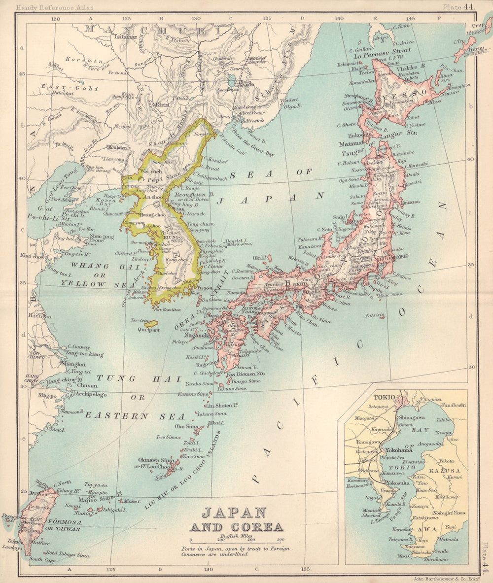 Japan and Korea including Formosa/Taiwan. East Asia. BARTHOLOMEW 1898 old map