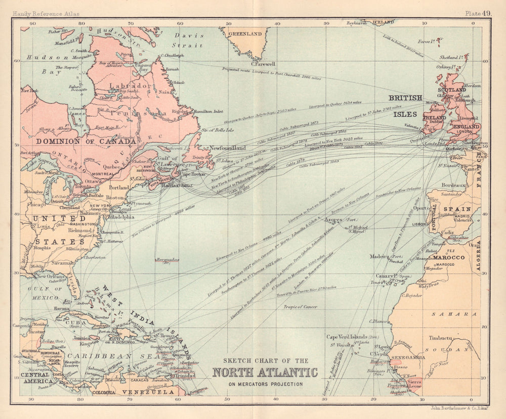 Sketch Chart of the North Atlantic. Shipping routes. BARTHOLOMEW 1898 old map
