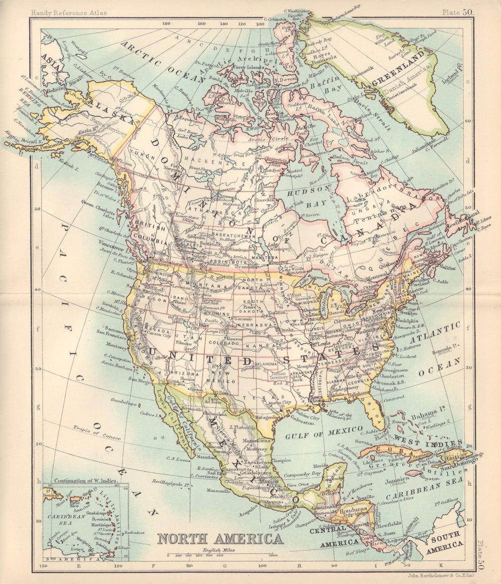 North America. Dominion of Canada. United States. BARTHOLOMEW 1898 old map
