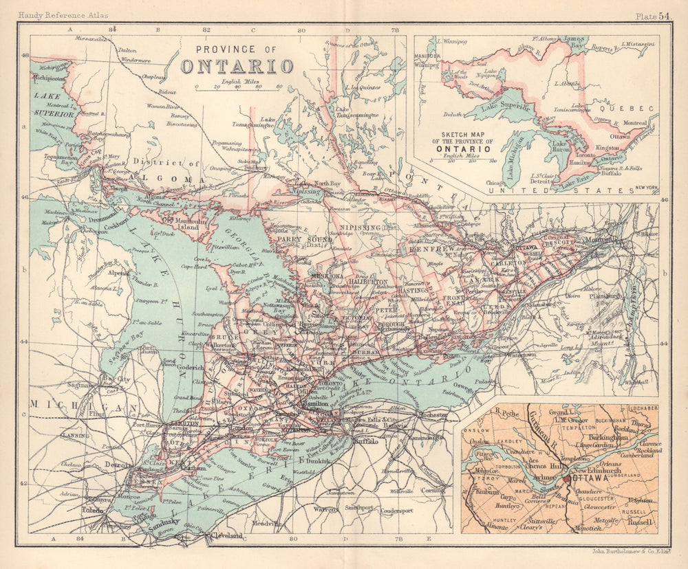 Province of Ontario; Inset maps of Ottawa. Canada. BARTHOLOMEW 1898 old