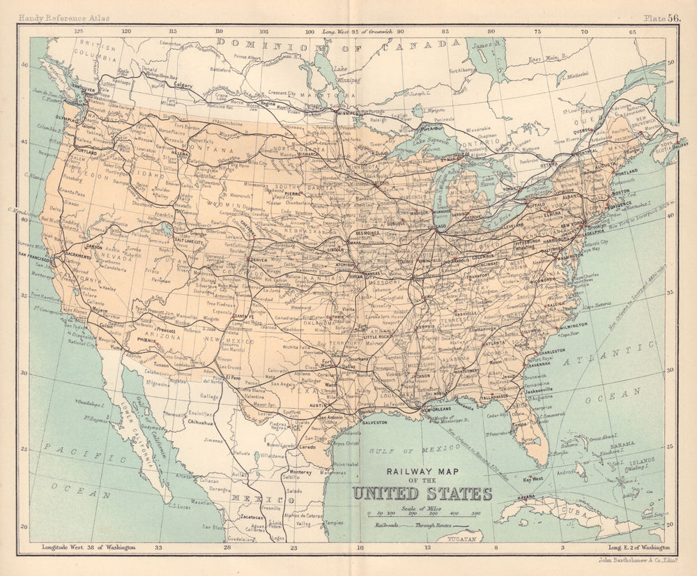 Railway Map of United States. USA. BARTHOLOMEW 1898 old antique plan chart