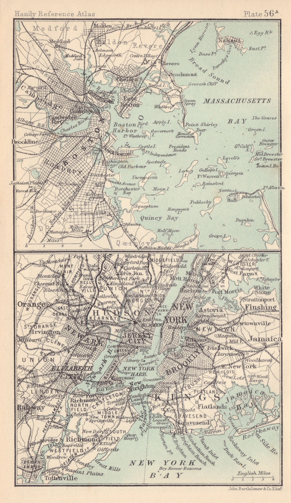 Environs of New York City. Massachusetts. BARTHOLOMEW 1898 old antique map