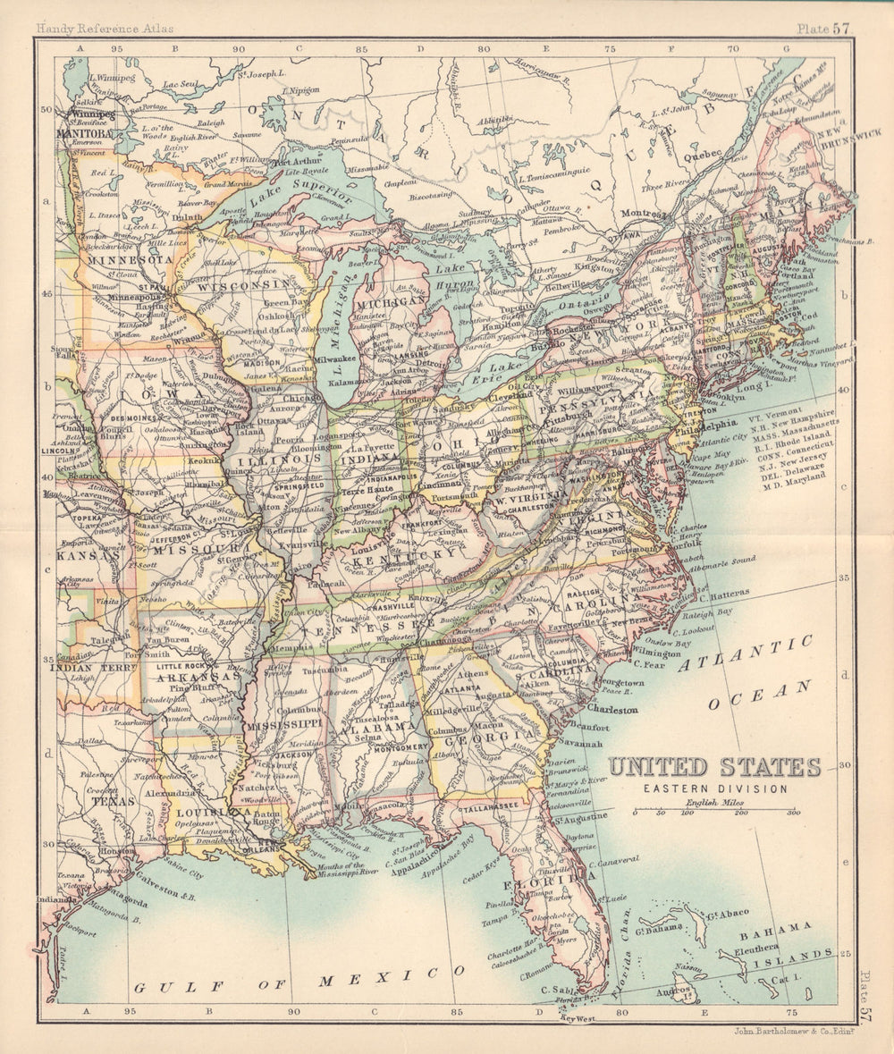 United States Eastern Division. USA. BARTHOLOMEW 1898 old antique map chart
