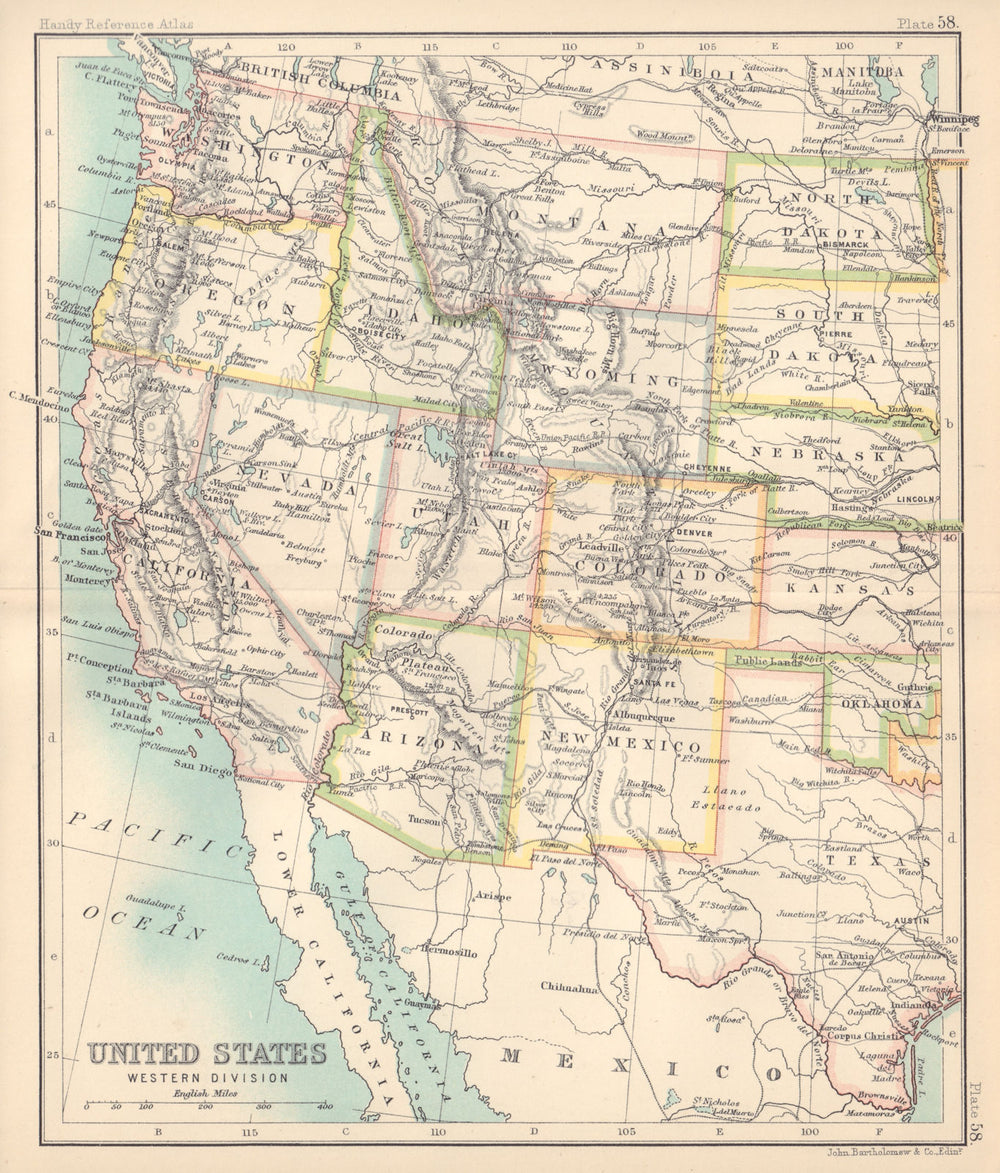 United States Western Division. USA. BARTHOLOMEW 1898 old antique map chart