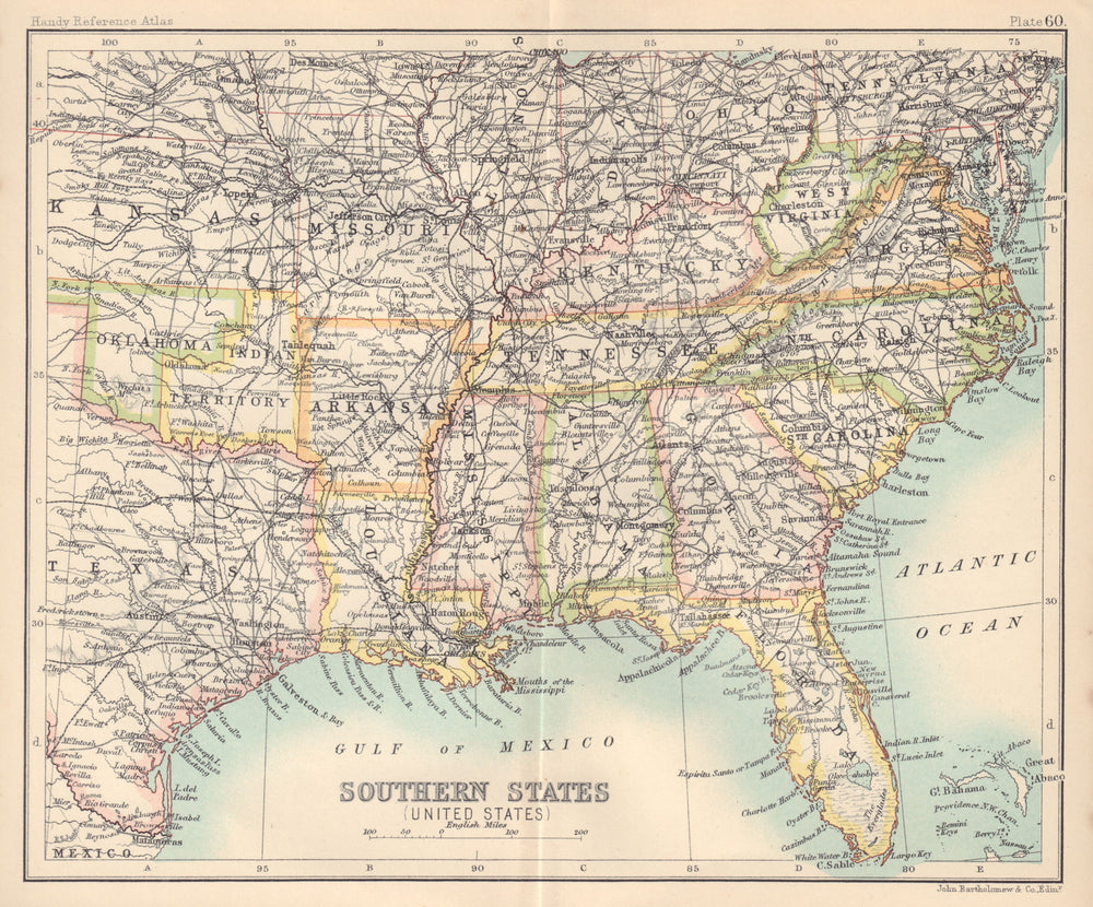 Southern States (United States). Deep South. Indian Territory. USA 1898 map