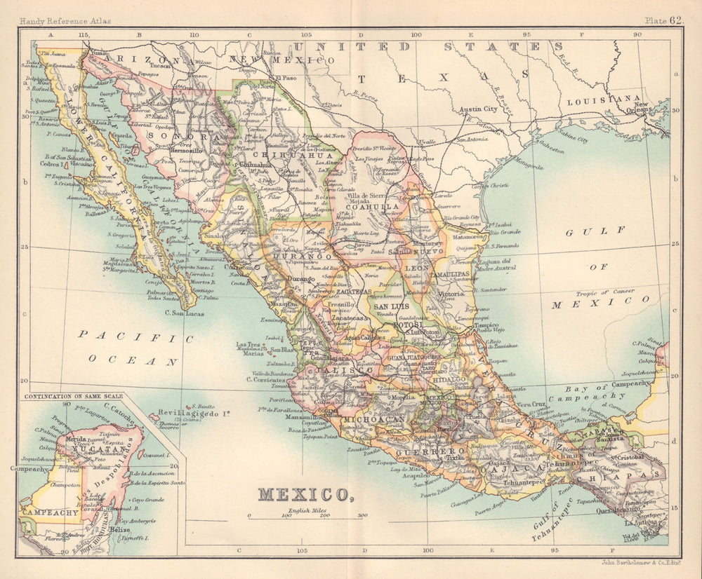 Mexico showing states. BARTHOLOMEW 1898 old antique vintage map plan chart