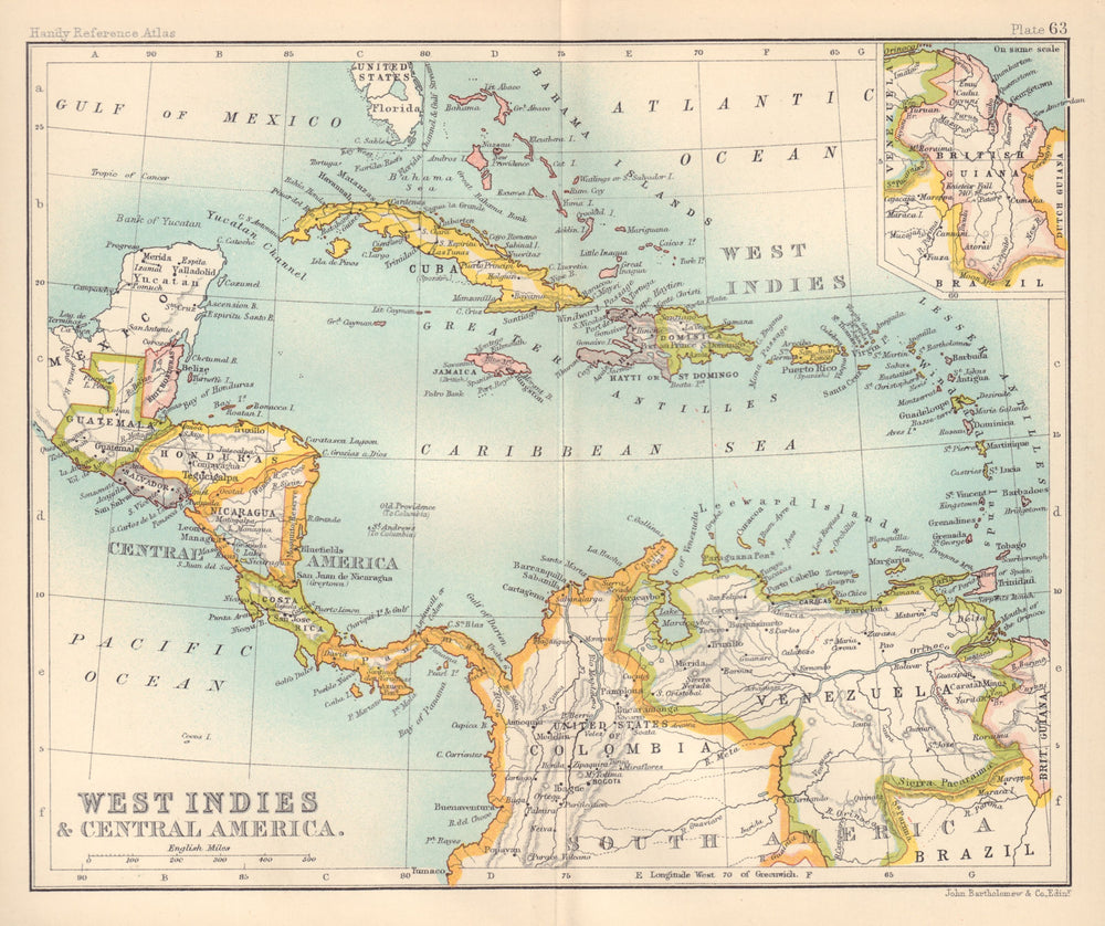 West Indies and Central America; Inset British Guiana. Caribbean 1898 old map