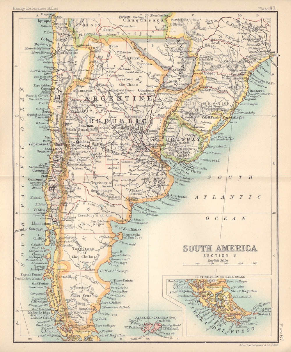 South America. Argentine Republic Chile Uruguay. BARTHOLOMEW 1898 old map