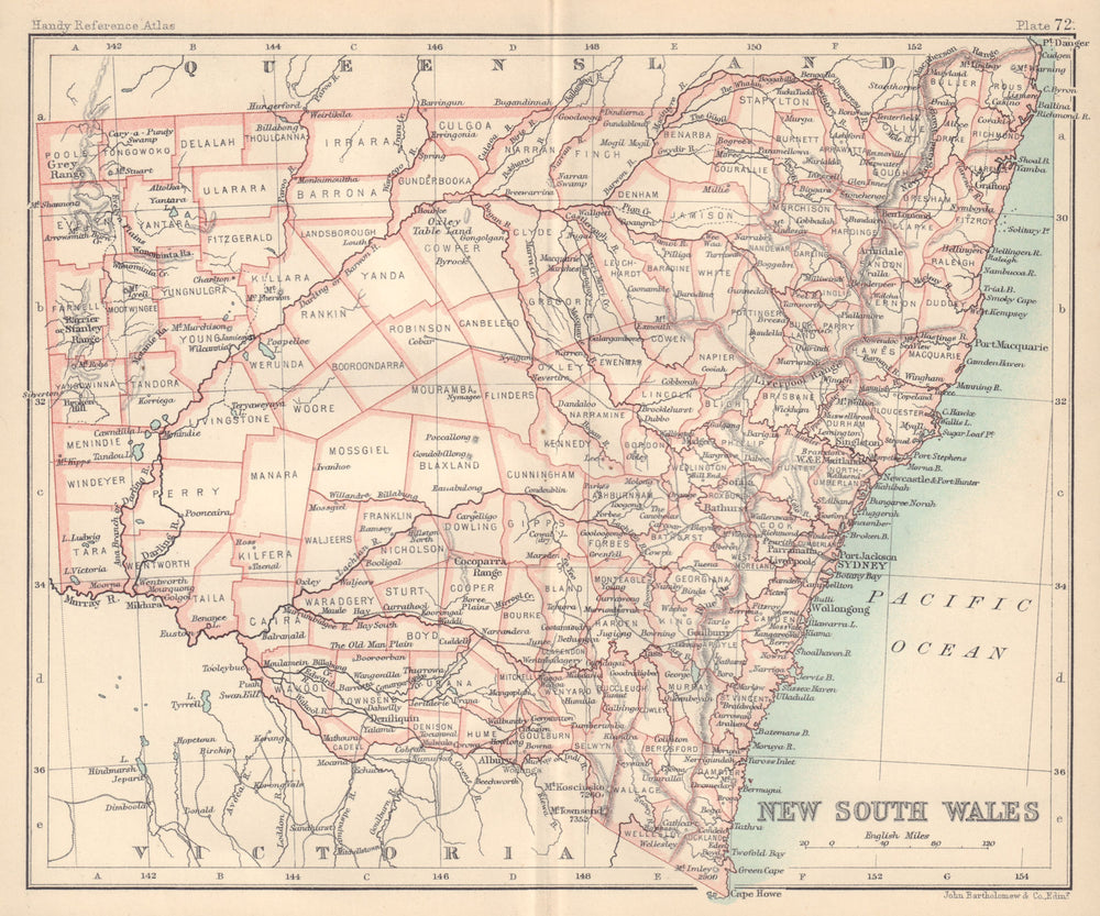 New South Wales state map. BARTHOLOMEW 1898 old antique vintage plan chart