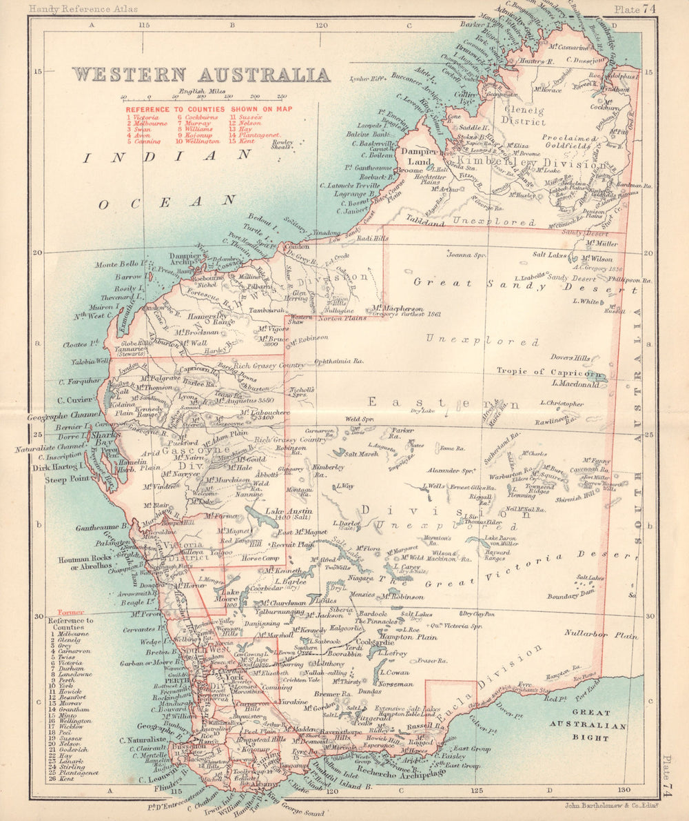 Western Australia state map showing goldfields. BARTHOLOMEW 1898