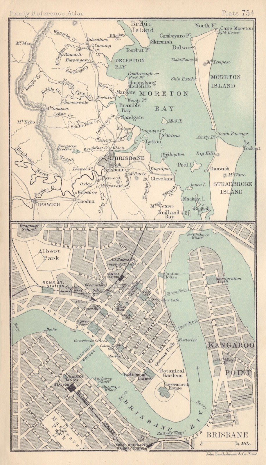 Brisbane town/city plan. Moreton Bay. Queensland. BARTHOLOMEW 1898 old map