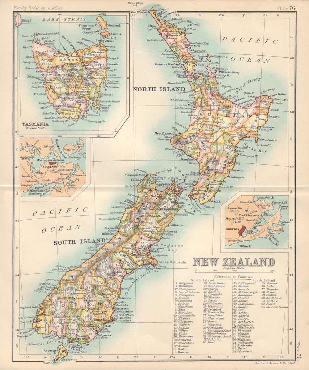 New Zealand showing counties. Inset Tasmania Auckland Dunedin 1898 old map
