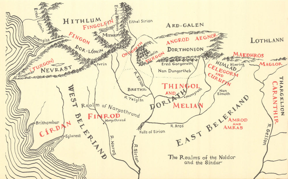 Realms of Noldor & Sindar. Beleriand Middle-earth Silmarillion. TOLKIEN 1977 map