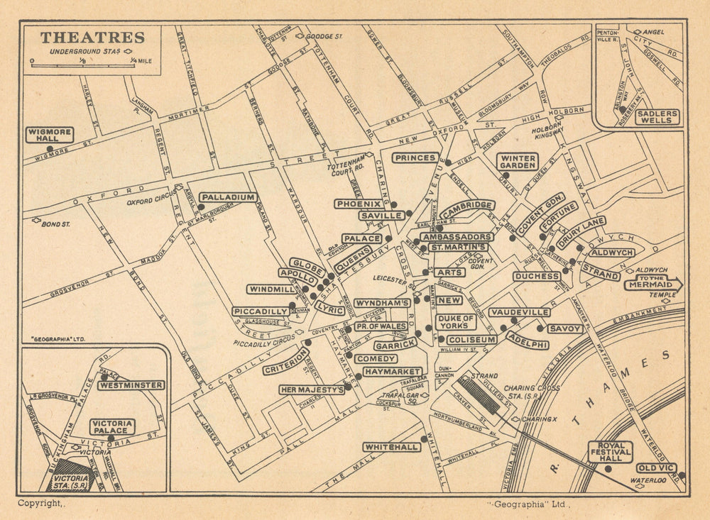 London West End theatres & music halls 1960 old vintage map plan chart