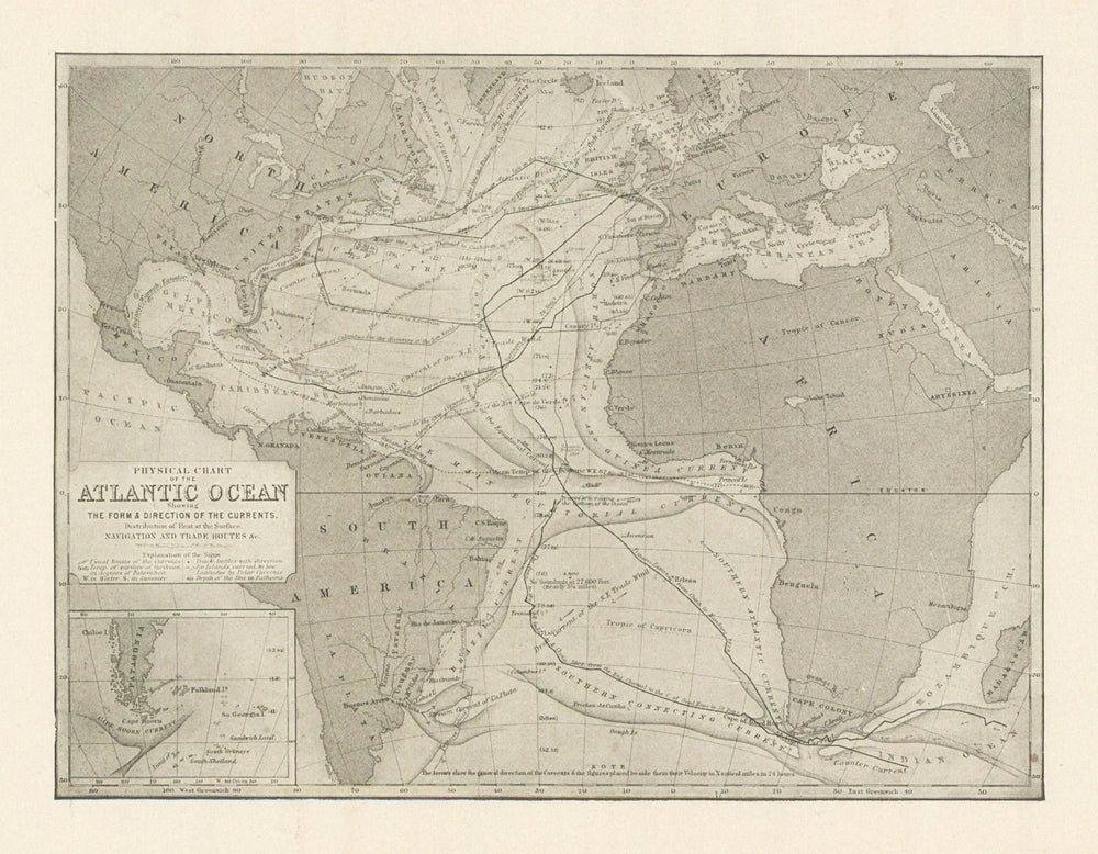 Physical Chart of the Atlantic Ocean 1907 old antique vintage map plan