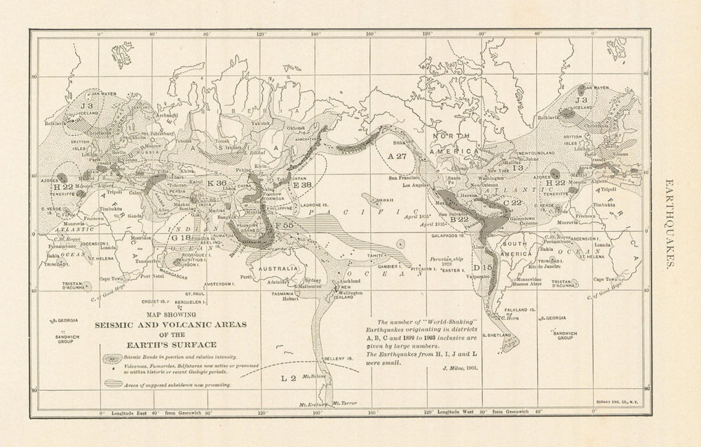 Earthquakes. Map Showing Seismic & Volcanic Areas of Earth's Surface 1907