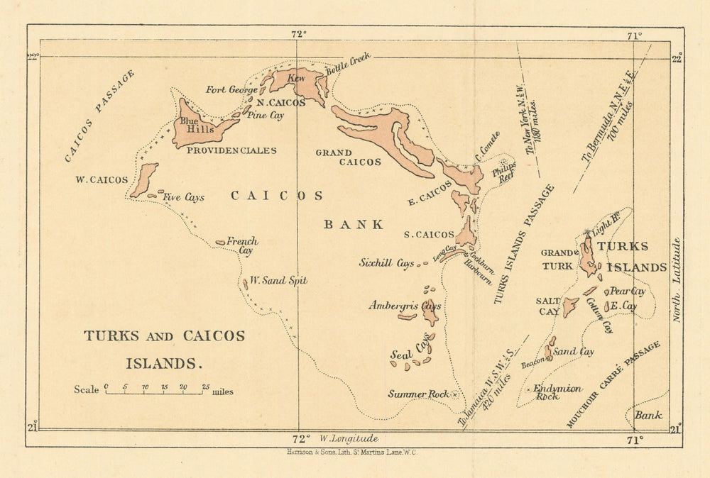Turks and Caicos Islands. Caribbean. West Indies. WASHINGTON EVES 1889 old map