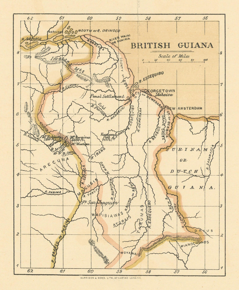 British Guiana. Guyana. WASHINGTON EVES 1889 old antique map plan chart