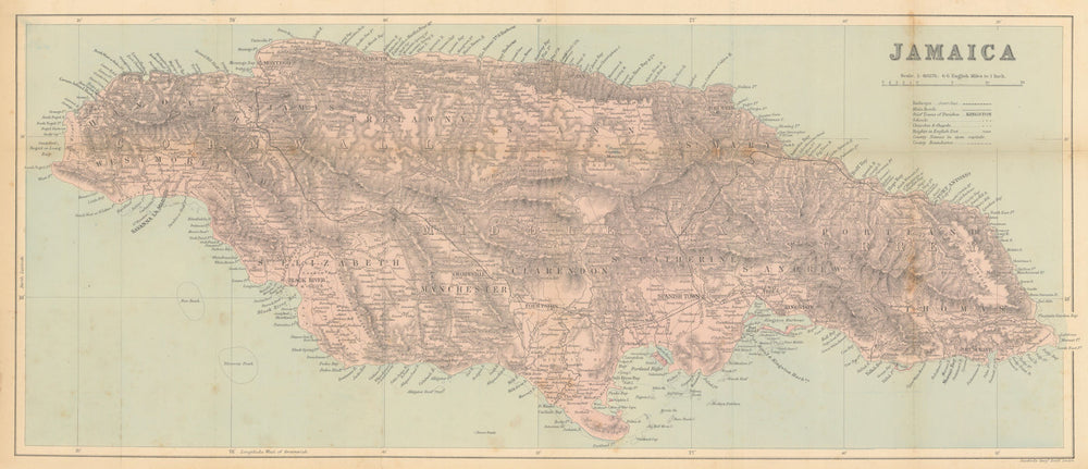 Jamaica. Counties and parishes. Railways. STANFORD / WASHINGTON EVES 1897 map