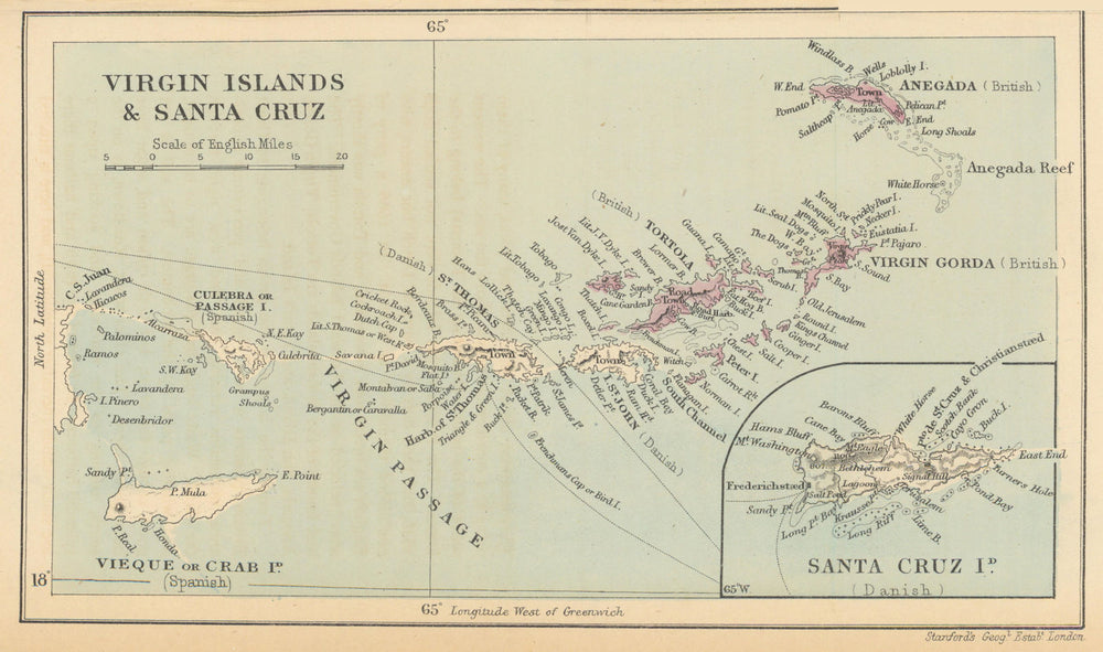 Virgin Islands & Santa Cruz. Gorda Tortola. STANFORD / WASHINGTON EVES 1897 map