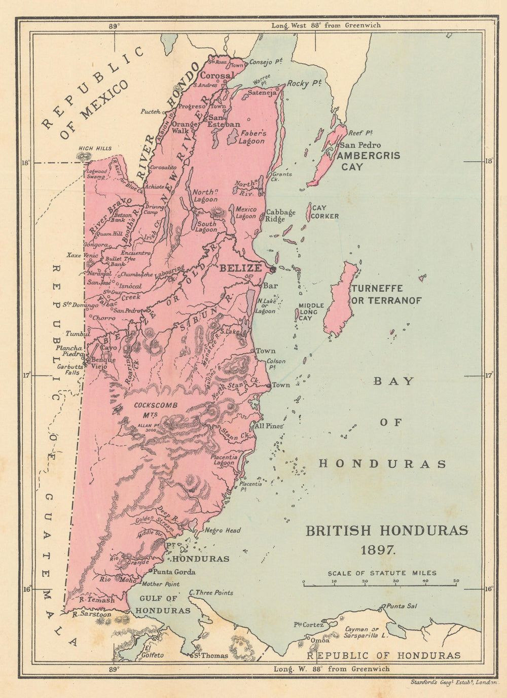 British Honduras. Belize. STANFORD / WASHINGTON EVES 1897 old antique map