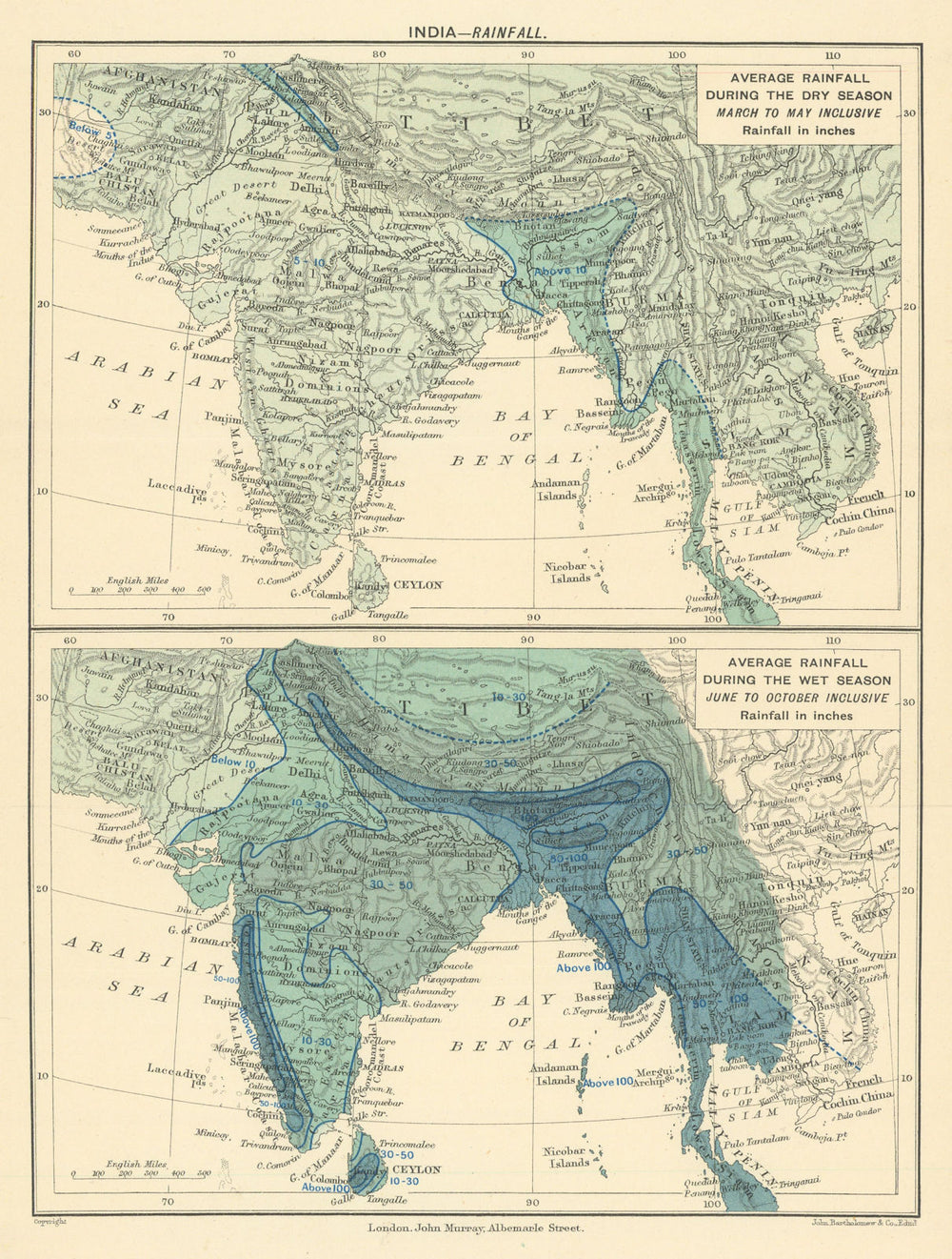 INDIA. showing average Rainfall during Monsoon & dry seasons. Isohyets 1905 map