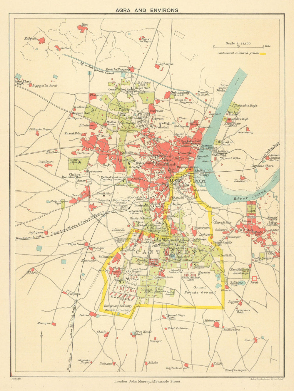 BRITISH INDIA. Agra & environs. Showing Cantonment, Fort & Taj Mahal 1905 map