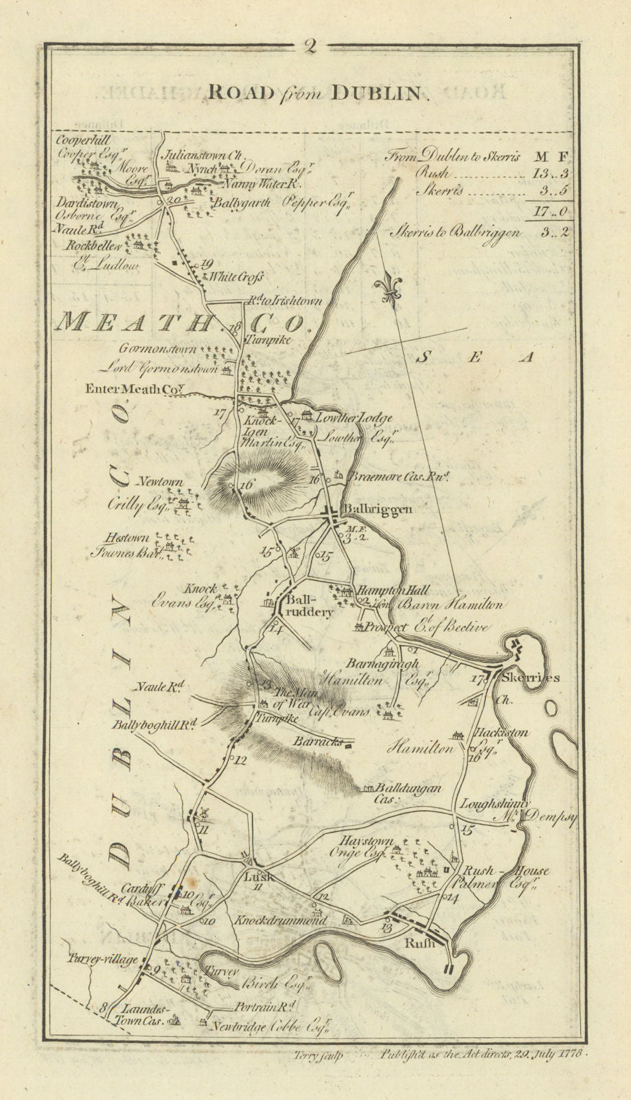#2 Dublin to Donaghadee. Skerries Balrothery Balbriggan. TAYLOR/SKINNER 1778 map