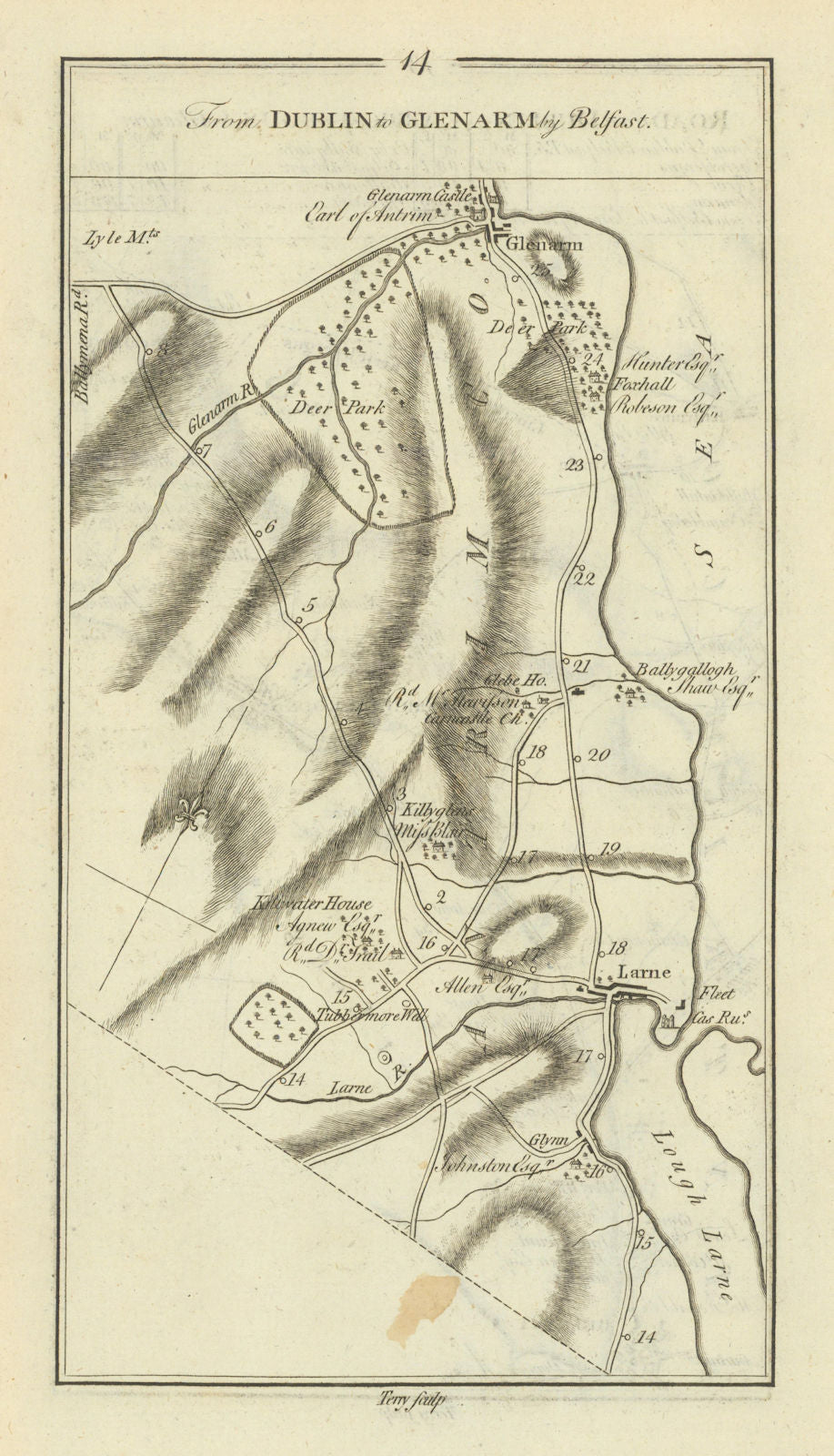 #14 Dublin to Glenarm by Belfast. Larne Glynn Antrim. TAYLOR/SKINNER 1778 map