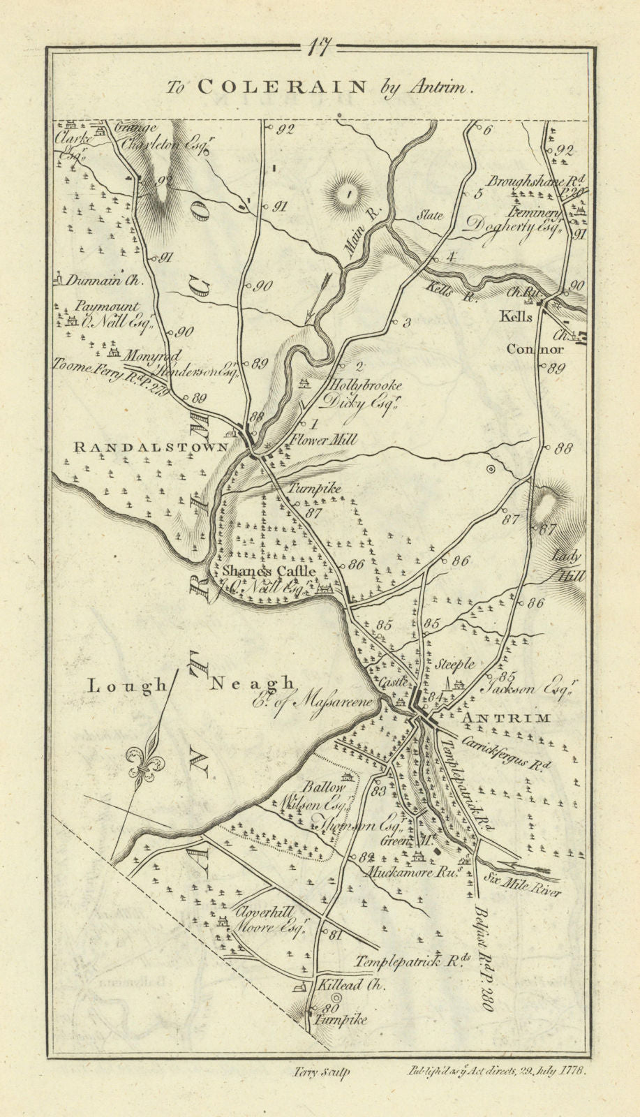 #17 Dublin to Coleraine by Antrim. Randalstown Kells. TAYLOR/SKINNER 1778 map