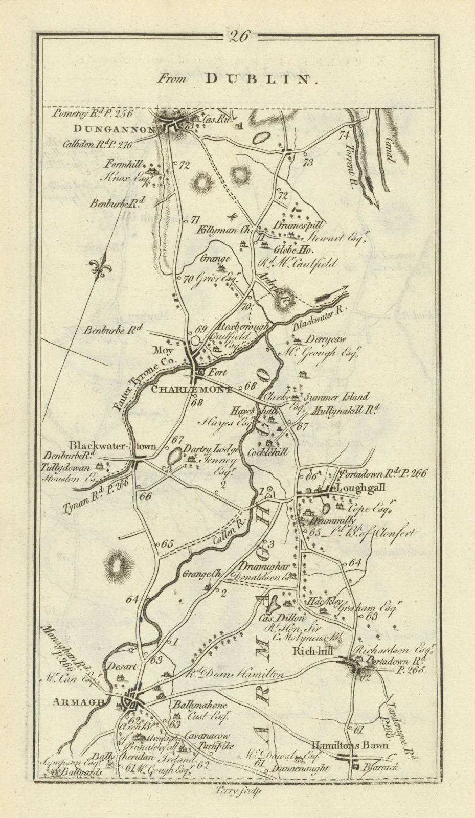 #26 Dublin… to Portrush. Dungannon Richhill Armagh. TAYLOR/SKINNER 1778 map