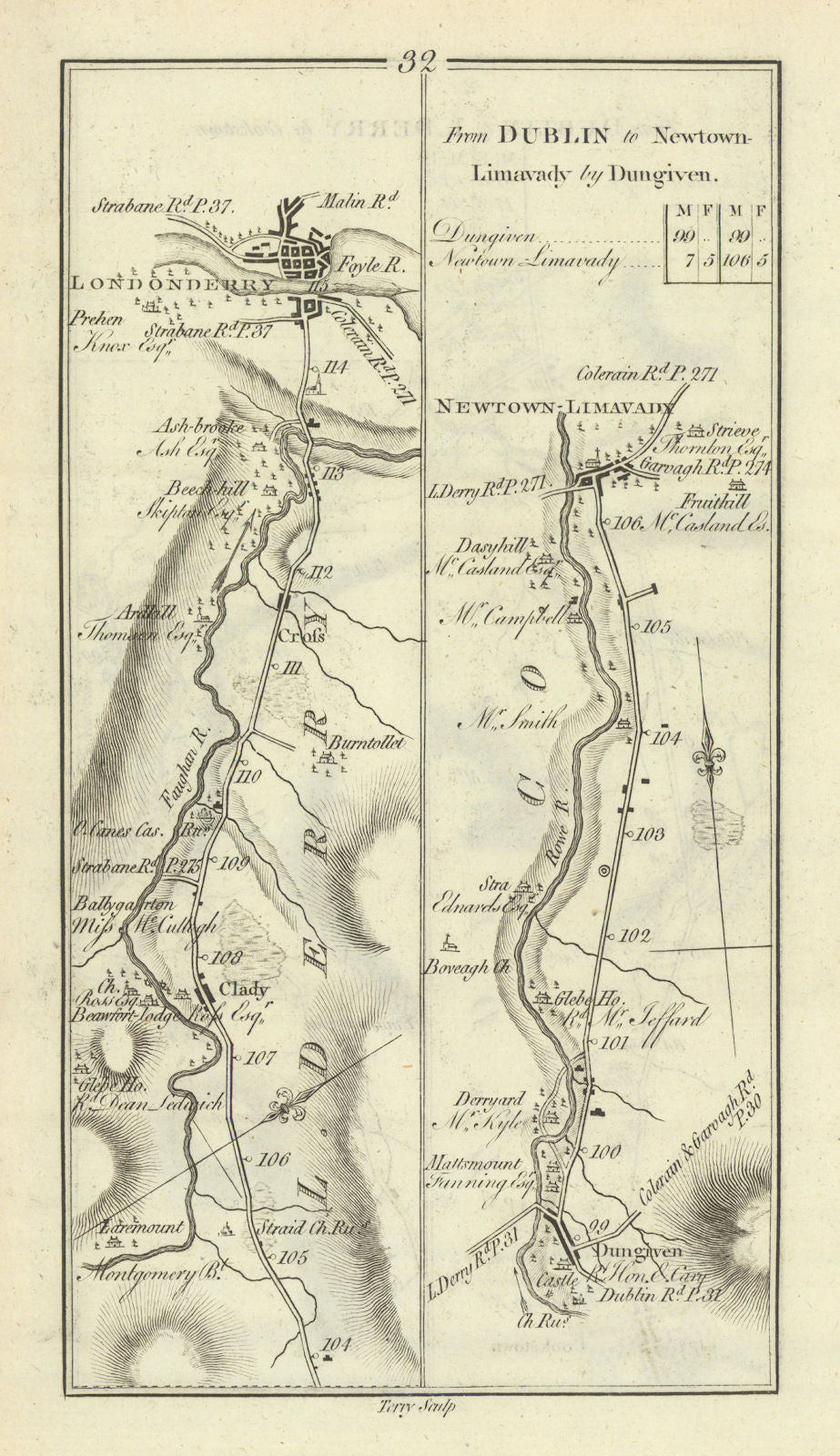 #32 Dublin to Londonderry & Limavady by Dungiven. Clady. TAYLOR/SKINNER 1778 map