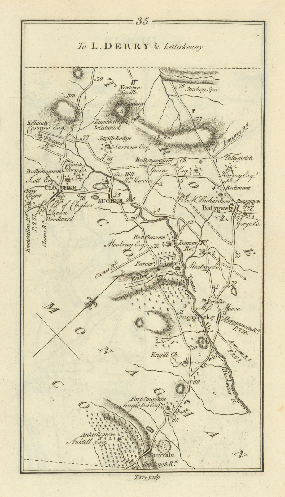 #35 Dublin to L. Derry. Clogher Emyvale Ballygawley. TAYLOR/SKINNER 1778 map